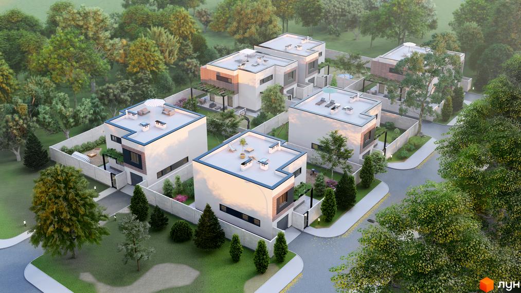 Зображення сторінки житлового комплексу КМ 6 Element. Білі будинки з плоскими дахами, терасами та невеликими садами, розташовані серед зелені.