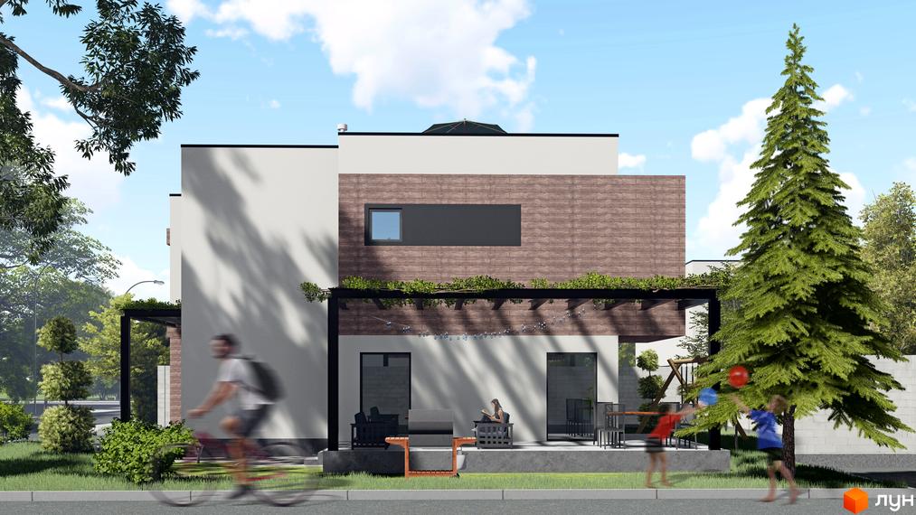 Зображення будинку КМ 6 Element з терасою, великими вікнами та прибудинковою територією з деревами та дітьми.