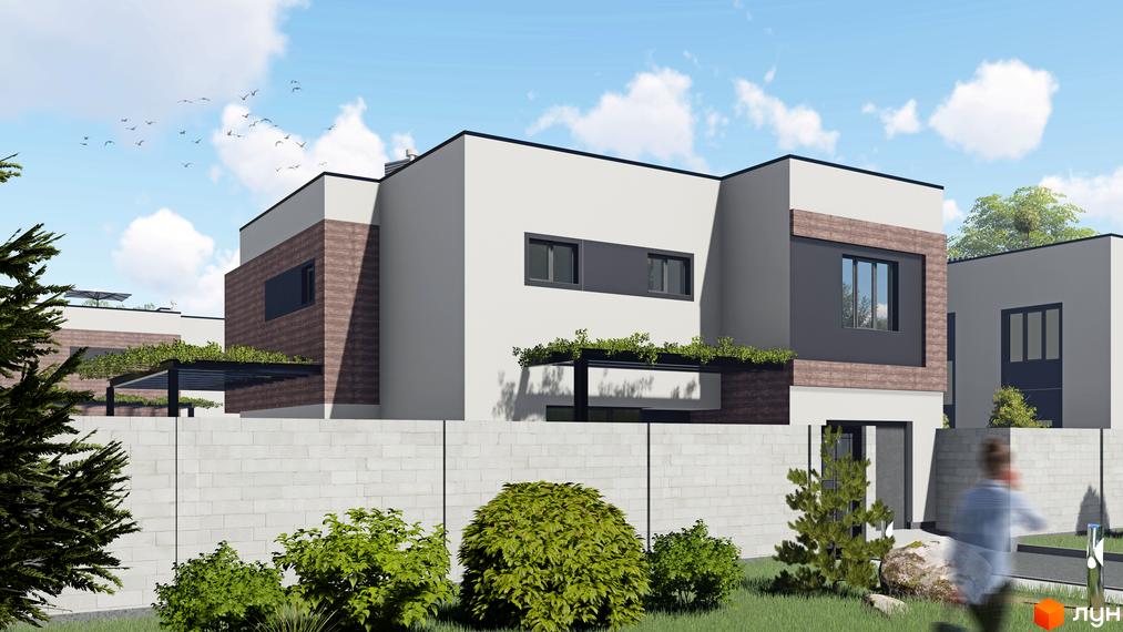 Зображення фасаду будинку в Котеджному містечку 6 Element. Білі стіни, темні вікна, рослини на території, та сіра огорожа.