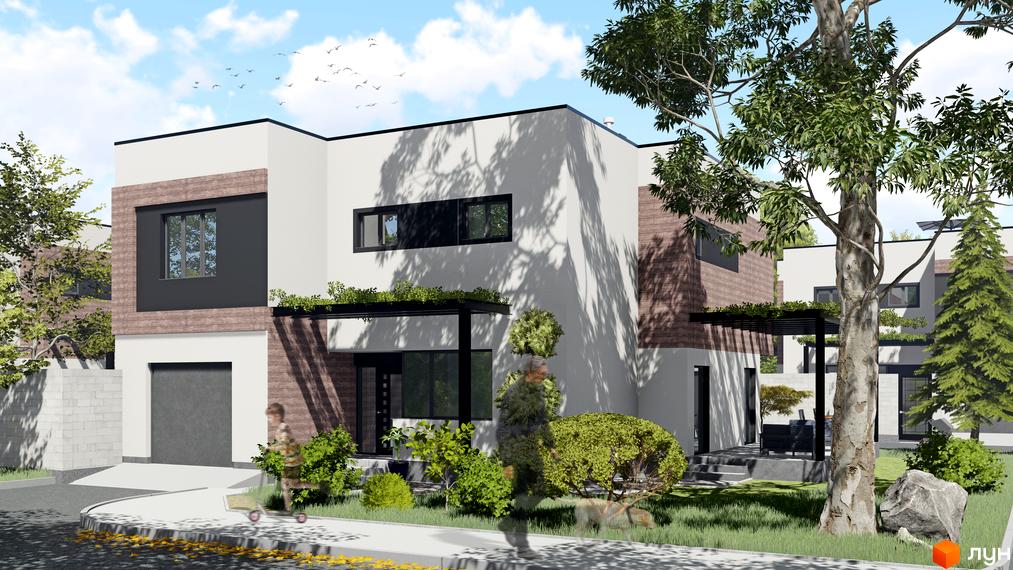 Зображення сторінки будівельного проєкту КМ 6 Element. Двоповерховий будинок з білими стінами, коричневим оздобленням та великими вікнами. На прибудинковій території зелені насадження.