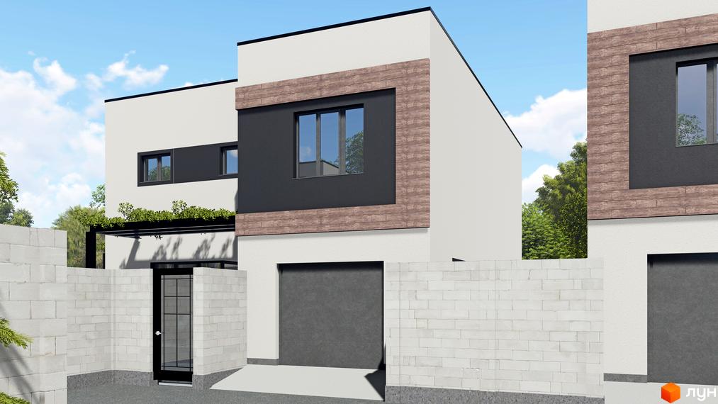 Зображення фасаду будинку в Котеджному містечку 6 Element. Білі стіни з темними вікнами та гаражем, оздоблені деревʼяними панелями, огороджені білою цегляною стіною.
