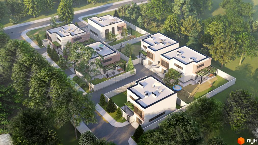 Вид зверху на котеджний комплекс КМ 6 Element. Білі будинки з плоскими дахами та терасами, огороджені парканом, з зеленими газонами та деревами.