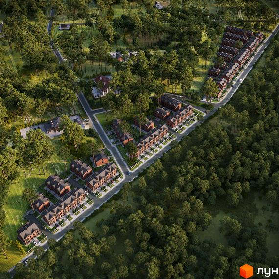 Вид зверху на таунхауси BROOKLYN 2, збудовані з червоної цегли, розташовані вздовж дороги в оточенні лісу та зелених насаджень.