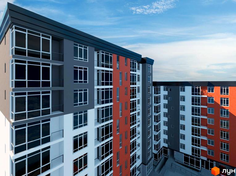 Зовнішній вигляд житлового комплексу Кемпінг з фасадами сірого та помаранчевого кольорів, великими вікнами та балконами. Навколо будівель видно ділянку з елементами благоустрою.