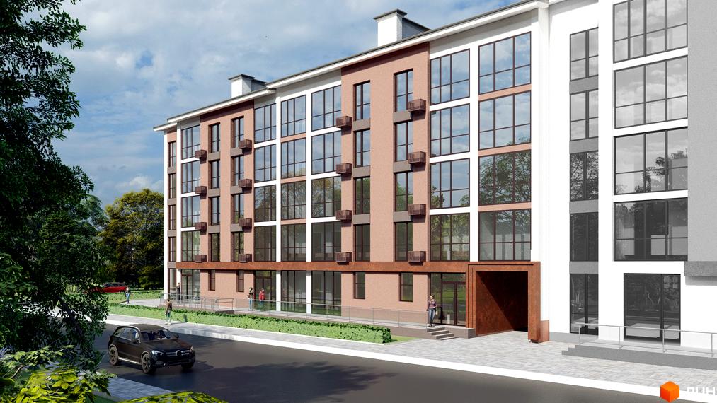 Житловий комплекс Парковий квартал: багатоповерхова новобудова зі світло-коричневим фасадом та великими вікнами. Прибудинкова територія включає зелень та дорогу.