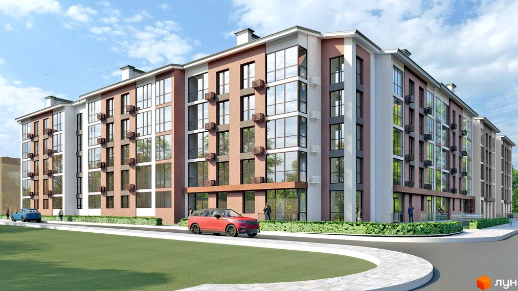 Зовнішній вигляд новобудови ЖК Парковий квартал. Навколо будинку зелена прибудинкова територія з доглянутими газонами та кущами.