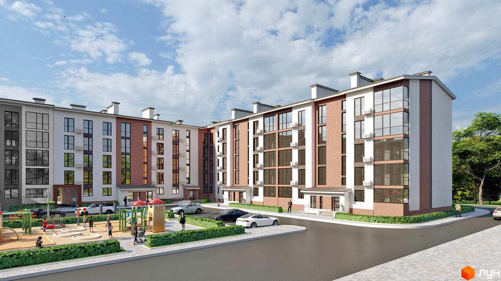 Житловий комплекс Парковий квартал - це багатоповерховий будинок з цегляним фасадом та великими вікнами. Територія навколо будинку облаштована дитячим майданчиком та парковкою.