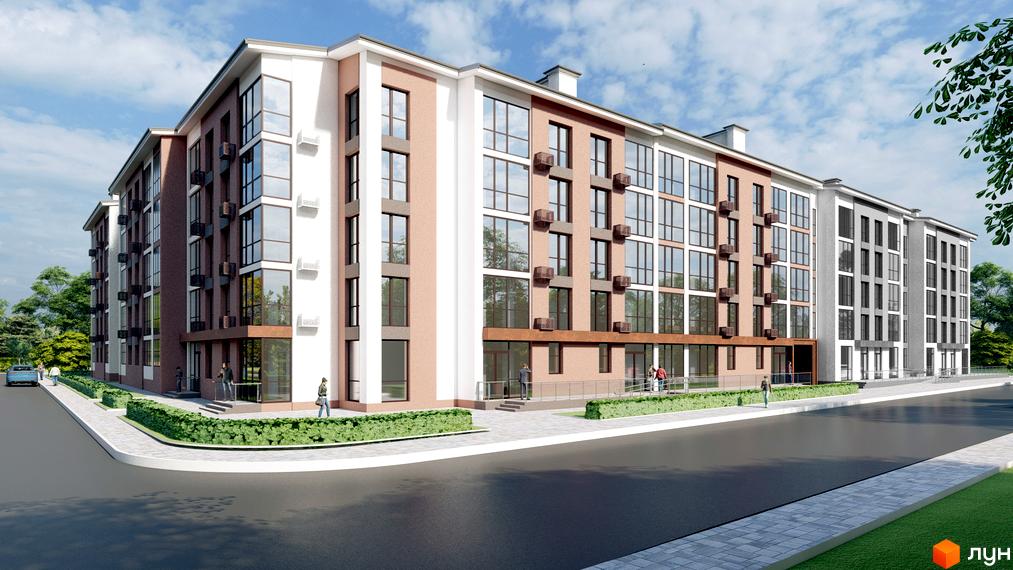 Зовнішній вигляд житлового комплексу Парковий квартал з цегляними та білими фасадами. Навколо будинку розташовані зелені насадження та тротуар.
