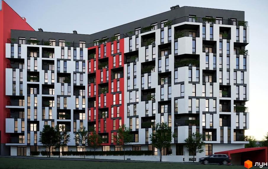 Новобудова ЖК AVTOR з червоно-білим фасадом та балконами, що виступають. Навколо будівлі зелені дерева та доглянута територія.