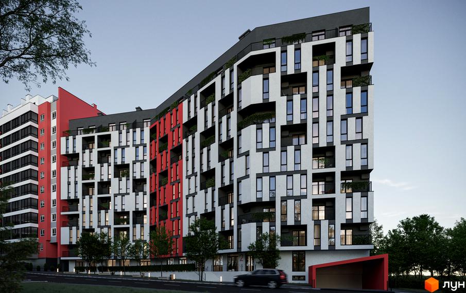 Зовнішній вигляд будинку ЖК AVTOR з білими, червоними та сірими фасадами, великою кількістю вікон та балконів. Навколо будинку зелені насадження та дорога.