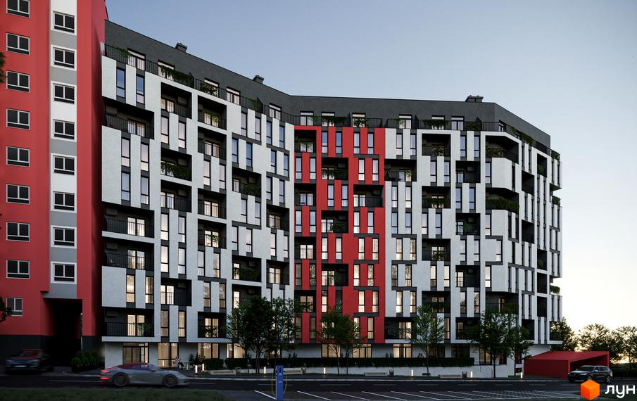 Зовнішній вигляд житлового комплексу AVTOR з фасадами білого, сірого та червоного кольорів. Навколо комплексу розташована прибудинкова територія з деревами та парковкою.