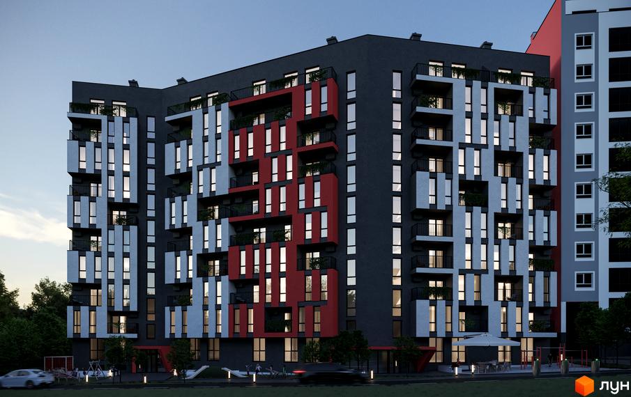 Житловий комплекс AVTOR з фасадом у сірих, червоних та білих тонах, балконами та великими вікнами. На прибудинковій території видно дерева та дитячий майданчик.