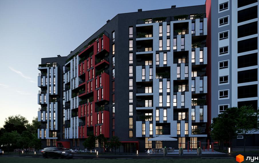 Житловий комплекс AVTOR з фасадами червоного та сірого кольорів, вікнами та балконами. На прибудинковій території видно дерева та освітлення.