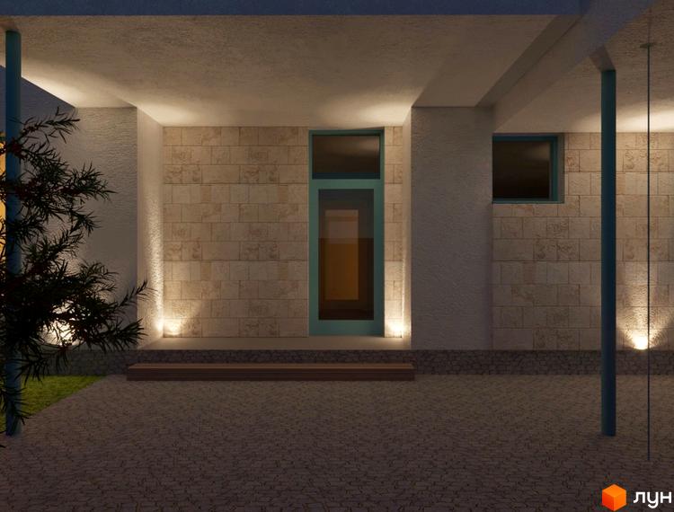 Котеджне містечко Чапаєвка: вхідна група з підсвічуванням та бруківкою. Зовнішній вигляд будинку з кам'яною облицовкою та вікнами.