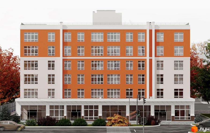Житловий комплекс з помаранчевим фасадом та великими вікнами. На першому поверсі розташовані скляні вітрини. На прибудинковій території є дерева та дорога.
