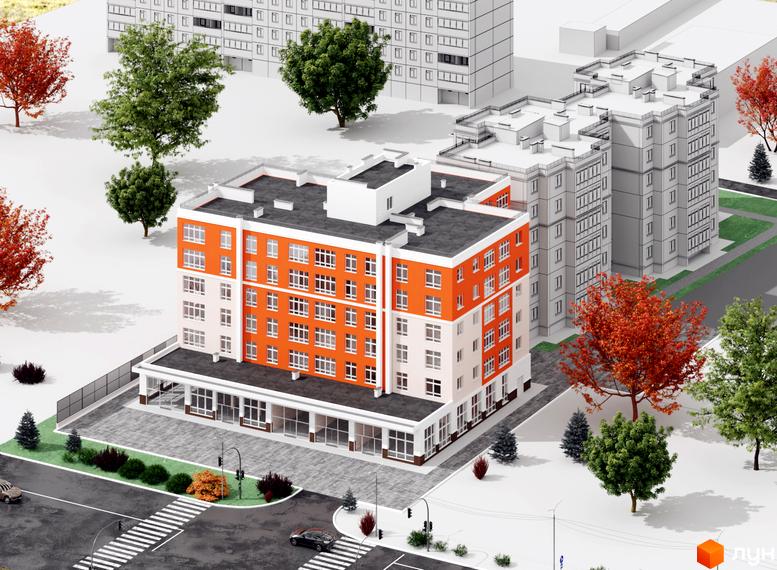 Зображення сторінки будівельного проєкту на вулиці Воїнів Інтернаціоналістів, 13, з багатоповерховим будинком з помаранчевим фасадом та прилеглою територією з деревами та дорогою.