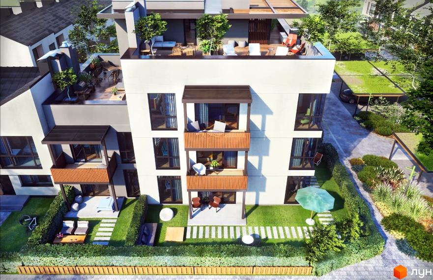 Новобудова SMART & GREEN з просторими балконами та зеленим подвір'ям з зонами відпочинку. Зовнішній вигляд будинку та прибудинкова територія.