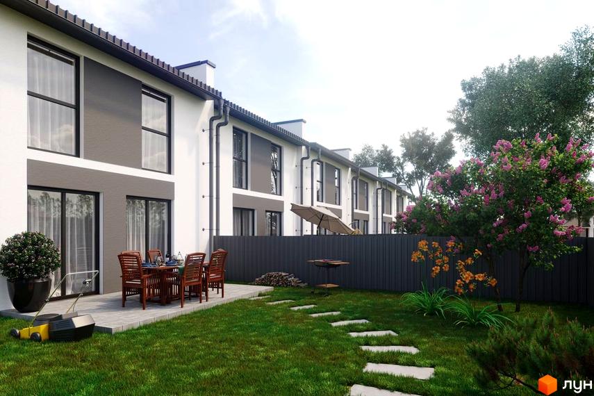 Зображення сторінки житлового комплексу. Таунхауси мають білі фасади з темними вікнами та терасами. На прибудинковій території газон, доріжки та дерева.