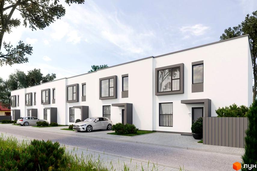 Білі таунхауси „Sttk #8“ з сірими вікнами та дверима. Перед будинками асфальтована дорога, газон з кущами та припарковані автомобілі.