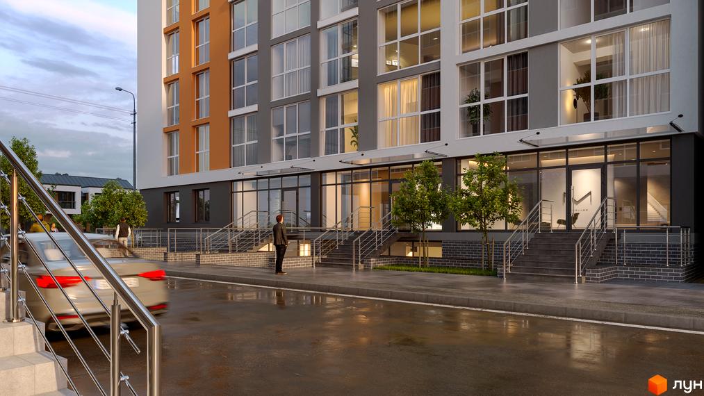 Зовнішній вигляд новобудови ЖК Затишний з великими вікнами та входом з сходами. Поруч розташована прибудинкова територія з деревами та дорогою.