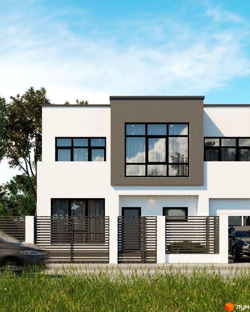 Білий будинок з великими вікнами та сірим акцентом на фасаді. Перед будинком розташована огорожа та зелена трава.