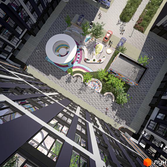 Вигляд з висоти на Житловий комплекс U One з дитячим майданчиком у дворі. Багатоповерховий будинок з великими вікнами.