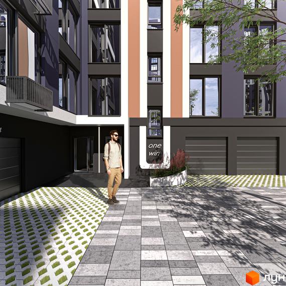 Фасад будівлі Житловий комплекс U One з великими вікнами та гаражами. На передньому плані бруківка та зелені насадження.