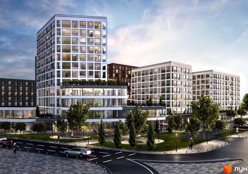 Зображення Житлового комплексу Schengen з фасадом та великими вікнами. Навколо будинку зелені насадження та пішохідні доріжки.