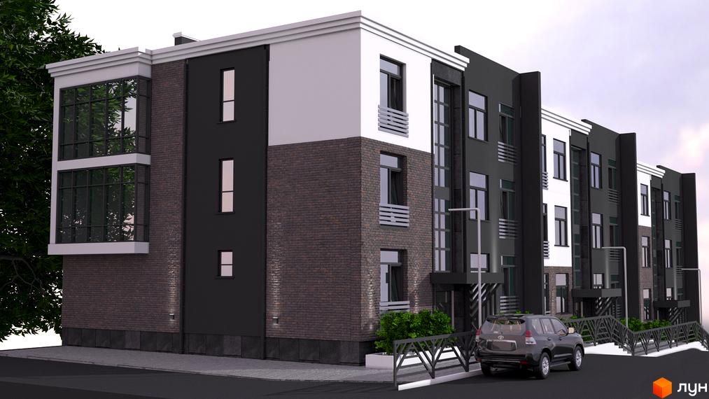 Зображення фасаду будинку ЖК ClubHouse з цегляною кладкой та панорамними вікнами. На прибудинковій території є парковка для авто.