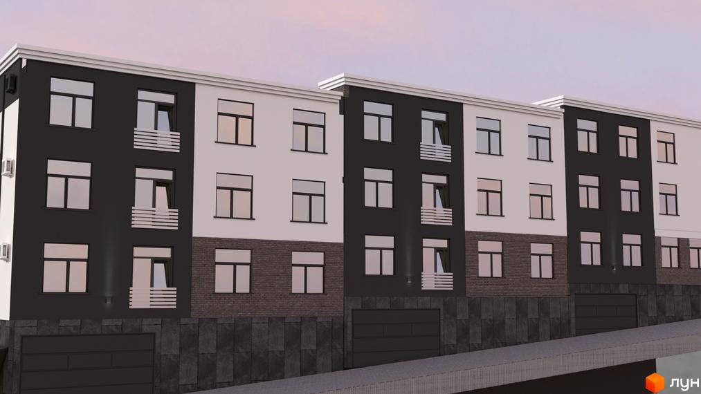 Зображення фасаду будівлі житлового комплексу ClubHouse з темними та світлими секціями, балконами та гаражами на першому поверсі. Навколишня територія включає в себе дорогу.