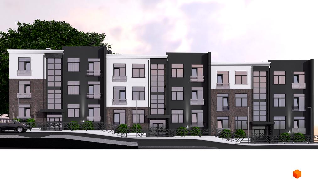 Зображення сторінки житлового комплексу ClubHouse. Багатоповерховий будинок з темним фасадом, вікнами та балконами, перед будинком доглянута територія з рослинами.