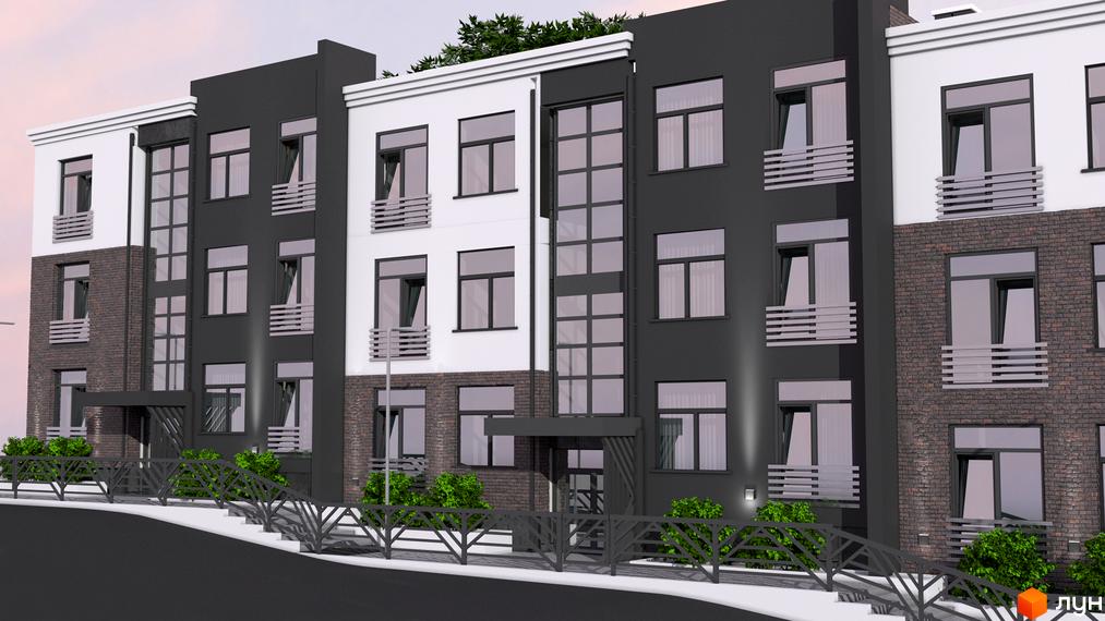 Фасад будівлі Житлового комплексу ClubHouse з великими вікнами та балконами. Перед будинком розташована огорожа та зелені насадження.