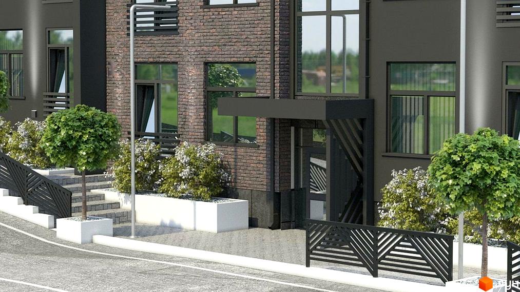 Зовнішній вигляд будинку ЖК ClubHouse з цегляною кладкою та великими вікнами. На прибудинковій території розташовані дерева та декоративні кущі.