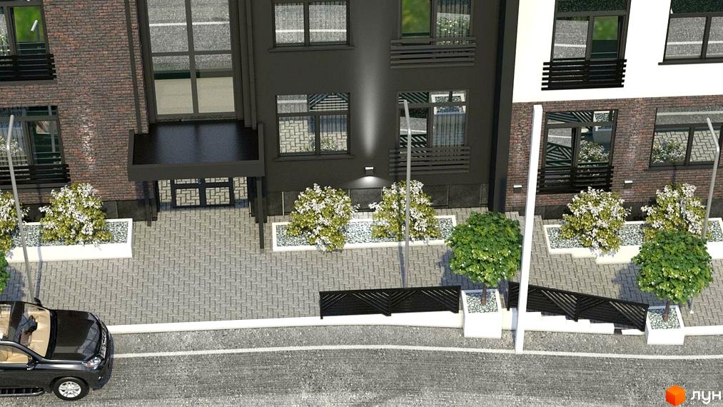 Зображення фасаду будівлі житлового комплексу ClubHouse з темним оздобленням. На передньому плані бруківка та зелені насадження.