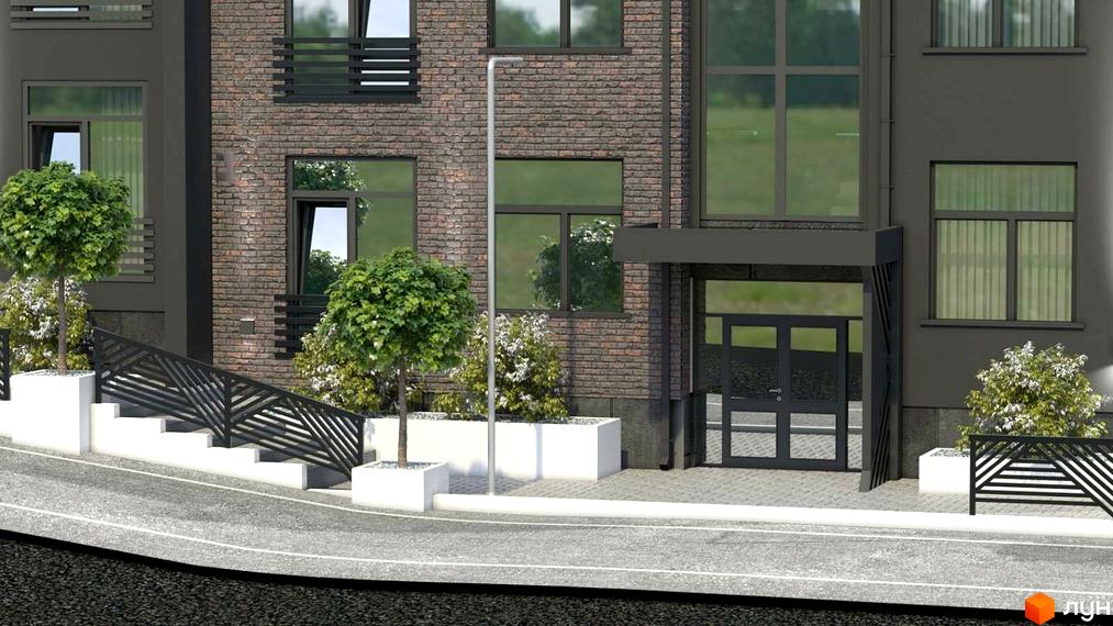 Зображення фасаду будинку ЖК ClubHouse з цегляною кладкою та панорамними вікнами. На території розташовані дерева, клумби та сходи з кованими перилами.