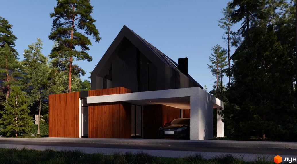 Котеджне містечко SHANA.villas: двоповерховий будинок з темним дахом та дерев'яною обшивкою фасаду, з гаражем та автомобілем, навколо дерева та зелень.