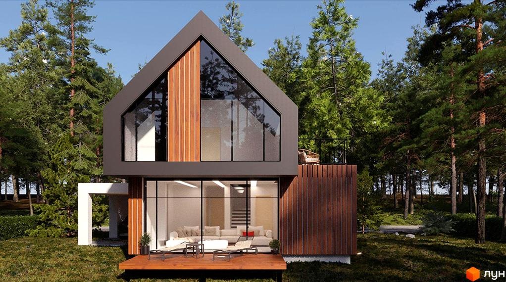 Двоповерховий будинок з панорамними вікнами та дерев'яним оздобленням фасаду. Навколо будинку зелена галявина та високі дерева.