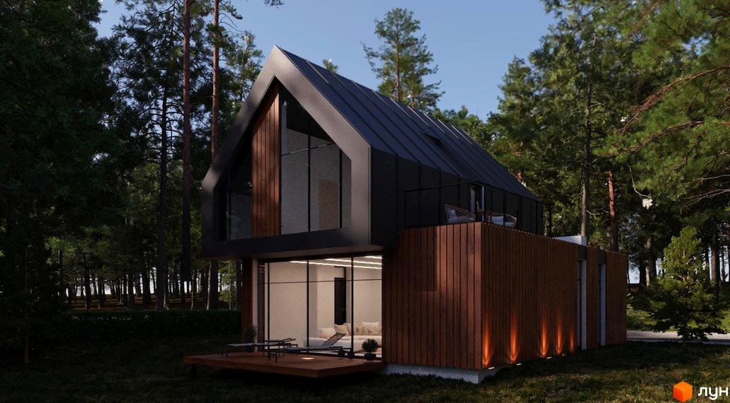 Двоповерховий будинок з панорамним склінням та дерев'яним оздобленням фасаду в Котеджному містечку SHANA.villas, розташований серед лісу, з терасою та зоною відпочинку.