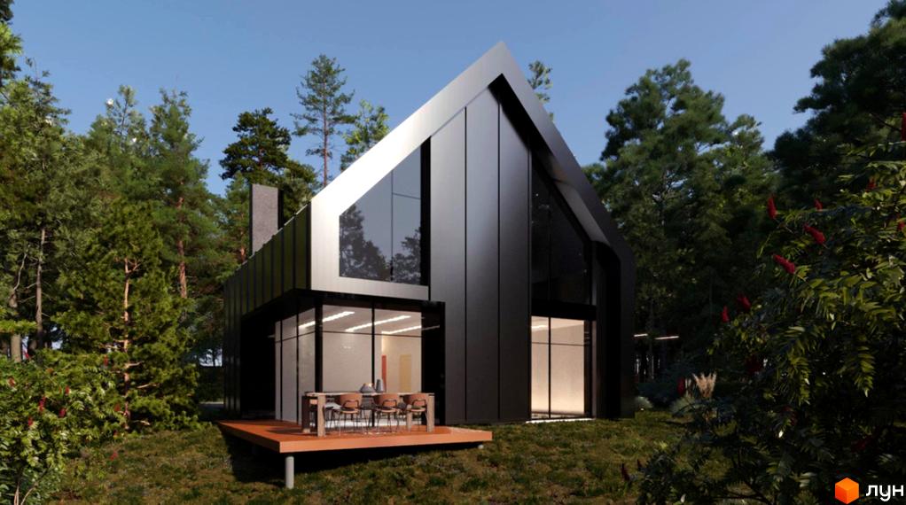 Чорний будинок з великими вікнами в лісі. На терасі стоїть стіл з стільцями. Зелена трава та дерева навколо.