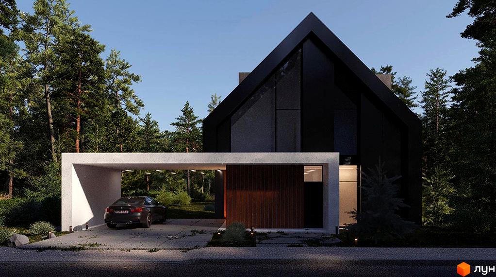 Чорний будинок з великими вікнами та гаражем. На території КМ SHANA.villas багато дерев, що створюють атмосферу спокою та приватності.