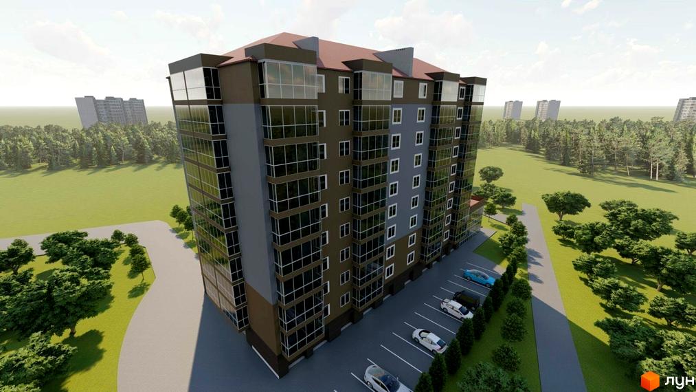 Новобудова Сонячний: багатоповерховий житловий будинок з комбінованими фасадами та великими вікнами, оточений зеленою територією та парковкою.