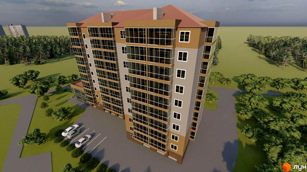 Житловий комплекс Сонячний: багатоповерховий будинок з коричневим дахом та великими вікнами, розташований серед зелених насаджень та парковки.