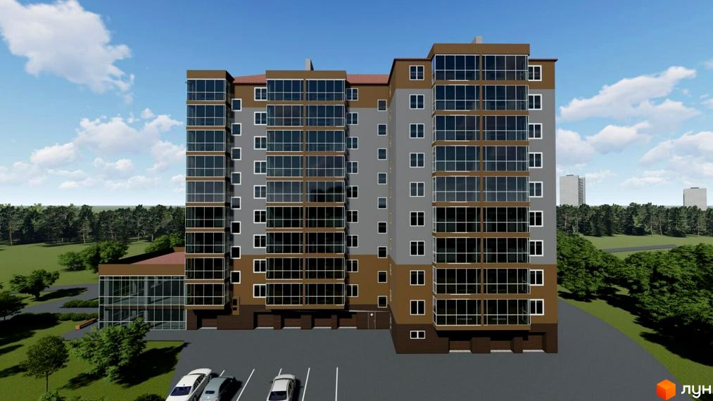 Житловий комплекс Сонячний: багатоповерховий будинок з сіро-коричневим фасадом, великими вікнами та прилеглим паркінгом серед зелені.