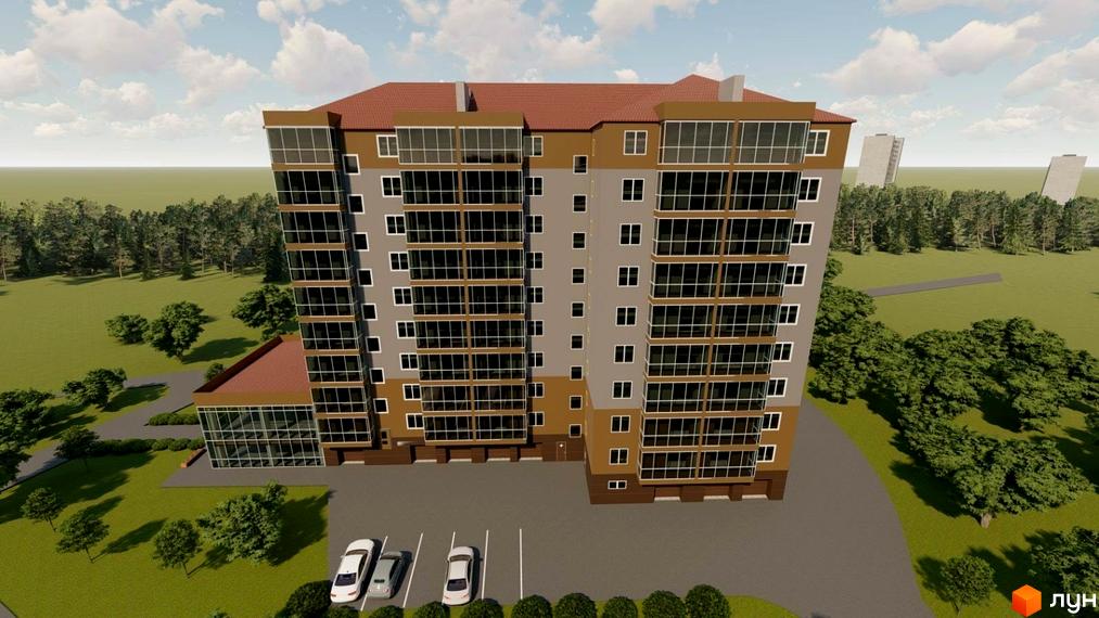 Житловий комплекс Сонячний: багатоповерховий будинок з коричнево-сірим фасадом, червоним дахом та заскленими балконами. Прибудинкова територія з деревами та парковкою.