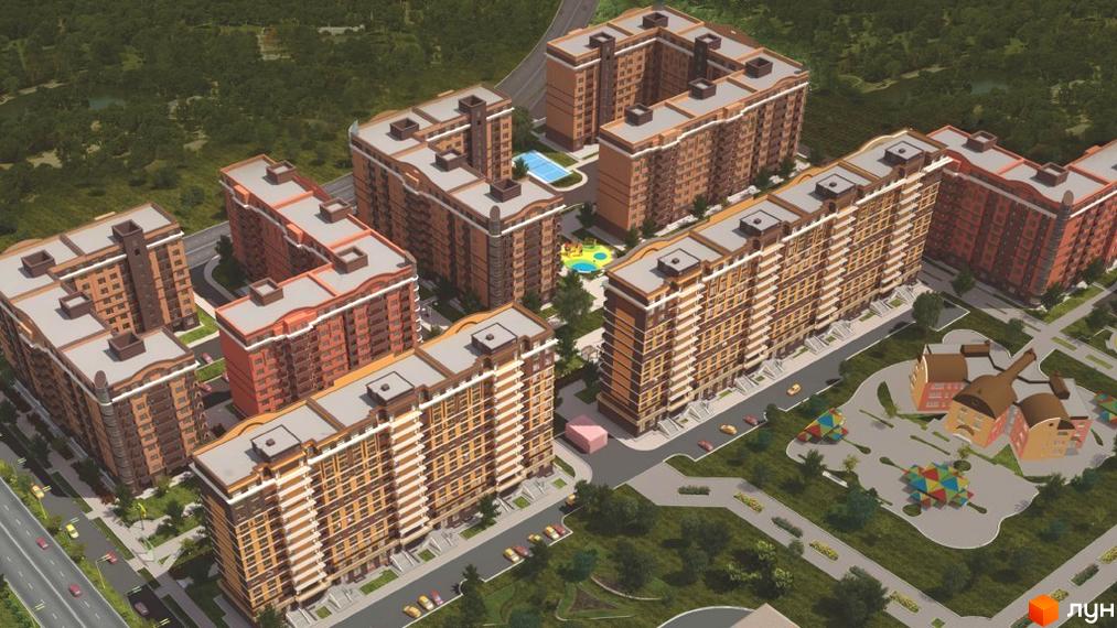 Житловий комплекс Цветной бульвар (Чорноморськ) - сучасні багатоповерхові будинки з цегляним фасадом та облаштованою прибудинковою територією з дитячими майданчиками та зоною відпочинку.