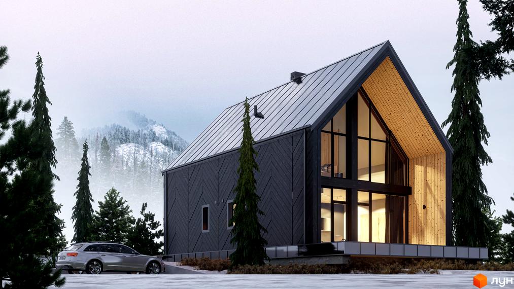 Двоповерховий будинок з панорамними вікнами та дерев'яним оздобленням. На території є автомобіль та хвойні дерева, на фоні засніжені гори.