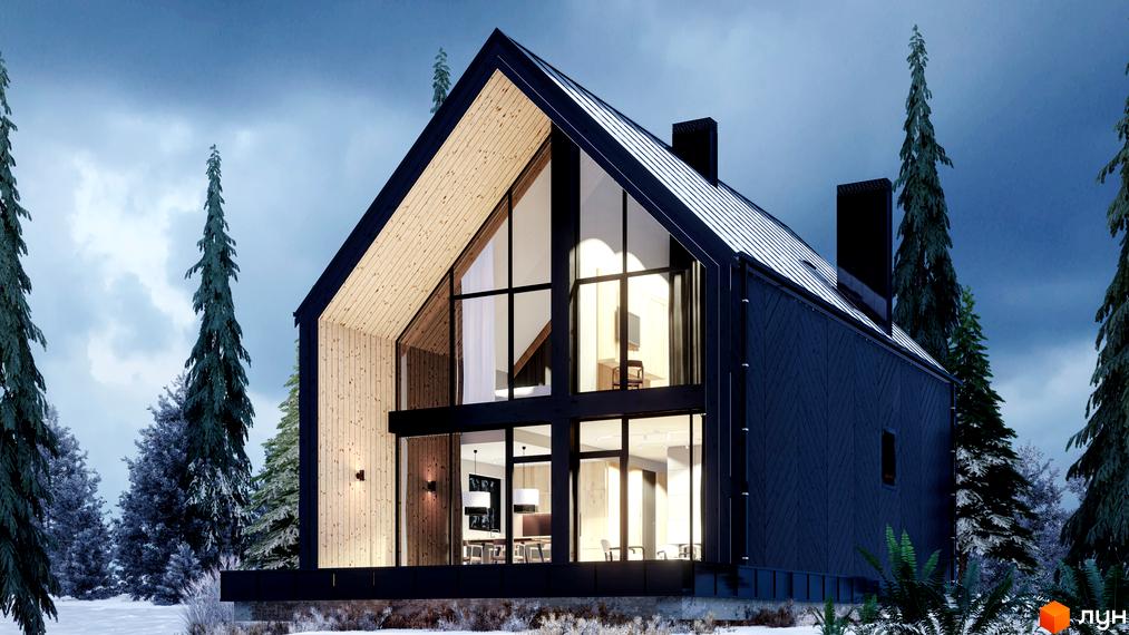 Зимовий пейзаж з будинком з великими вікнами та темним фасадом. Поряд ростуть ялинки, навкруги сніг.