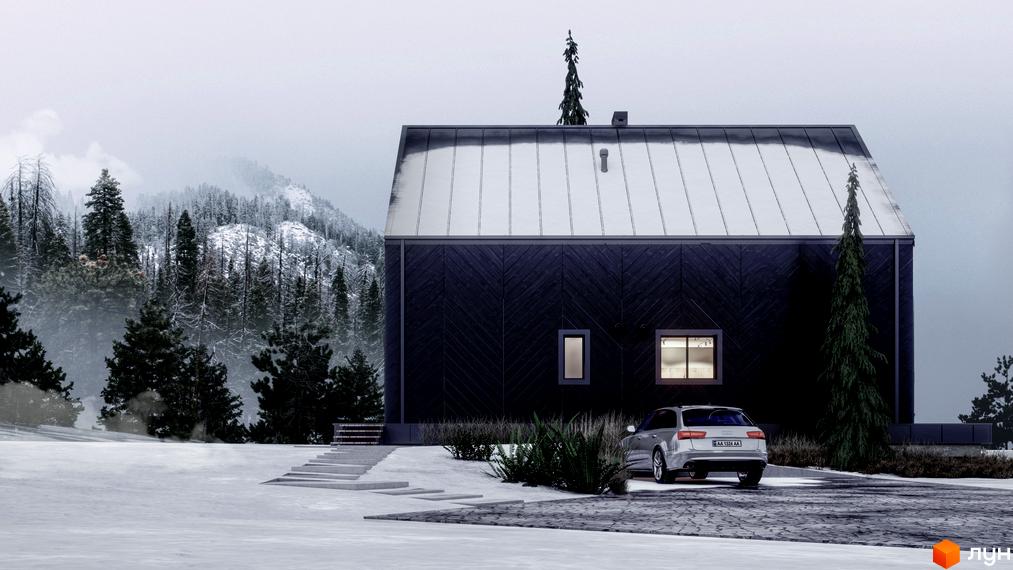 Будинок Besora з темним фасадом та сніжним дахом на тлі засніжених гір. Прибудинкова територія вкрита снігом, є автомобіль та сходи.