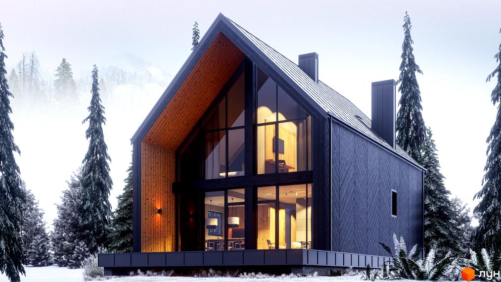 Зимовий будинок з великими вікнами, дерев'яним оздобленням та темним фасадом. Навколо будинку засніжені ялинки та дерева, що створюють атмосферу спокою.