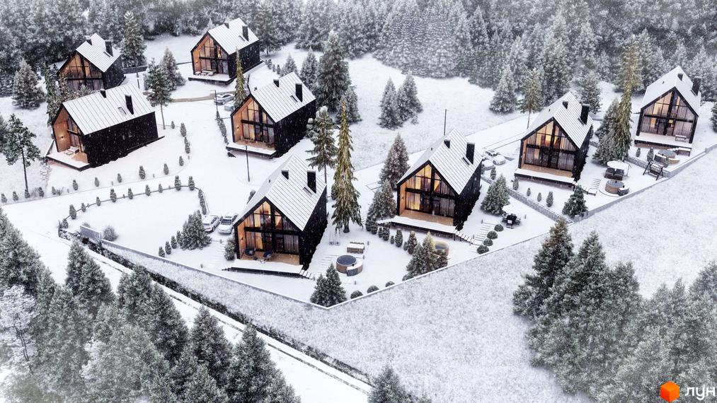 Будинки Besora з темними фасадами та великими вікнами розташовані серед засніжених дерев. Навколо — засніжена територія з доріжками та зонами відпочинку.